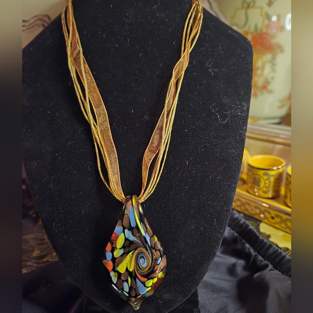 Murano-Style Art Glass Mosaic Pendant Necklace | Gold Ribbon Cord | Boho